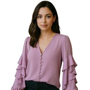 bar III‎ Ruffle Sleeve Blouse V-Neck Button Front Top Elegant Pink XL Nwot